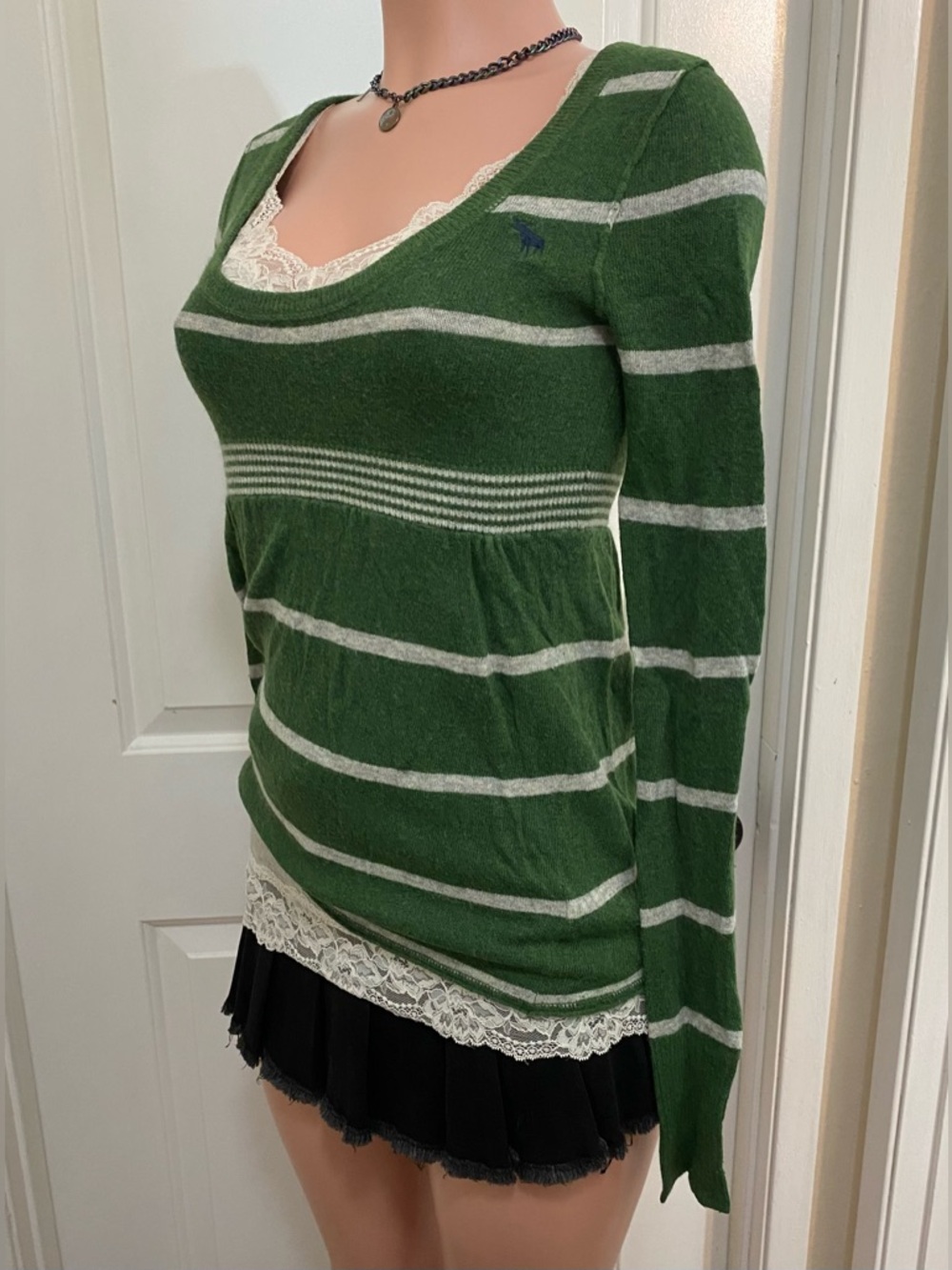 Y2k vintage Abercrombie green and white striped babydoll long sleeve sweater - Picture 6 of 15